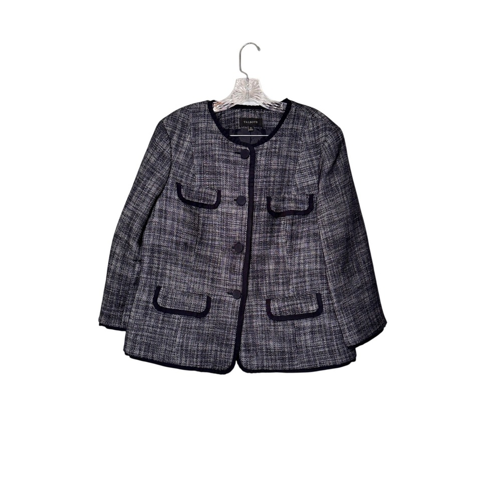 Talbots Women's‎ Tweed Blazer Jacket Navy Blue Gray Plaid Petite Size 16